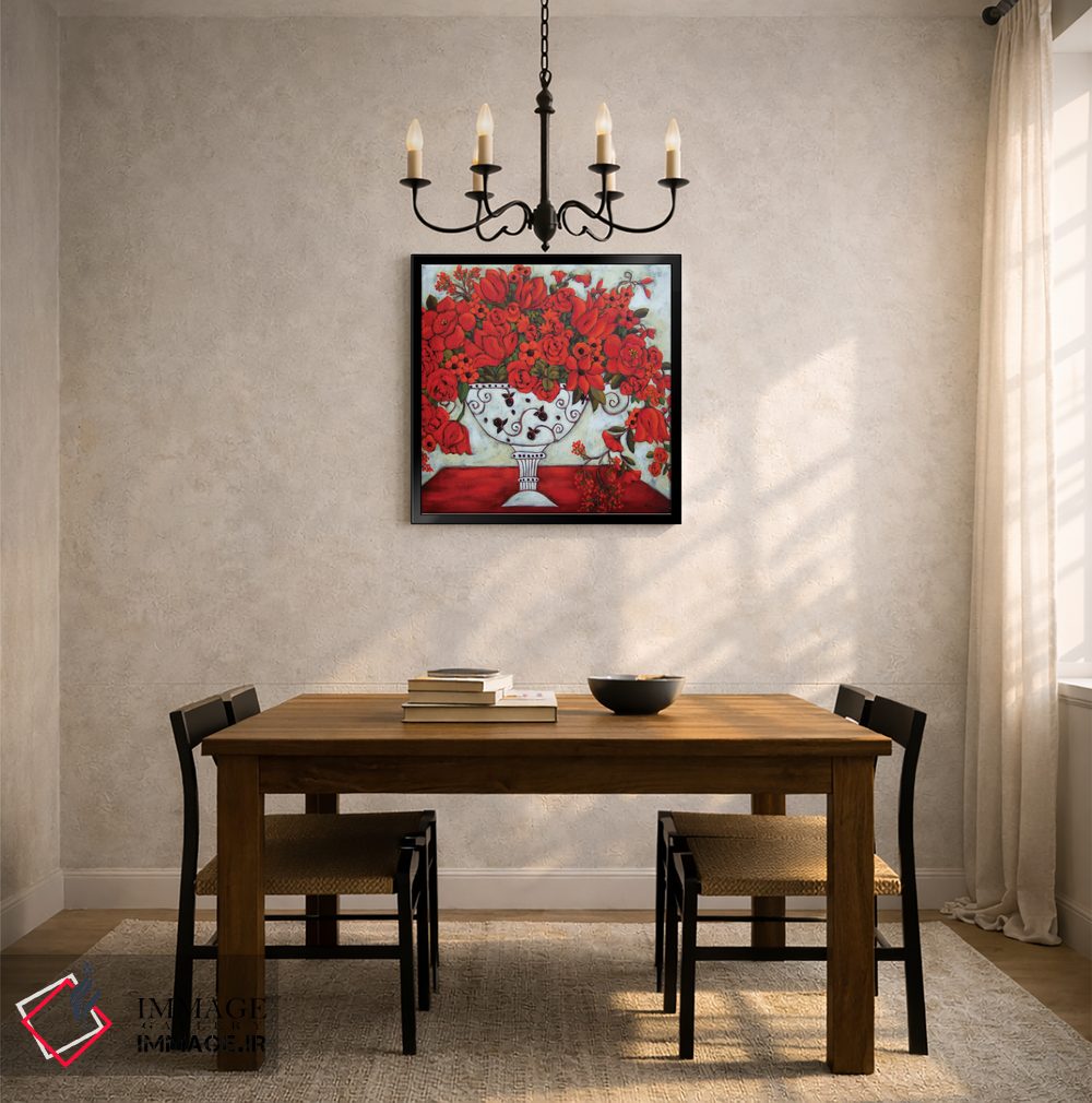 تابلو دکوراتیو گلدان عاجی با لاله های قرمز اثر کارن ریگر - D6B
