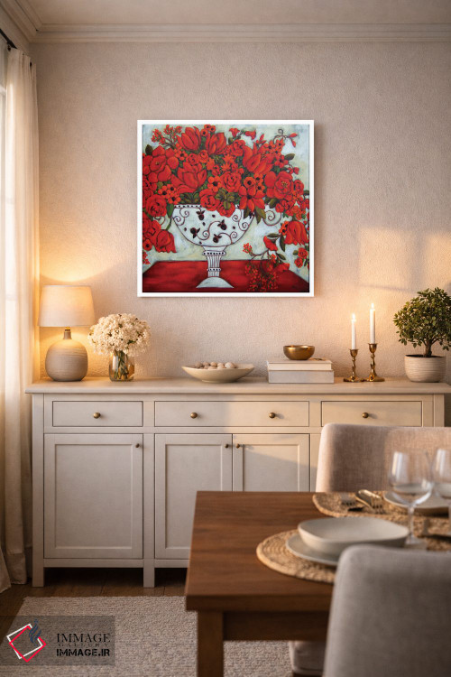 تابلو دکوراتیو گلدان عاجی با لاله های قرمز اثر کارن ریگر - D5W