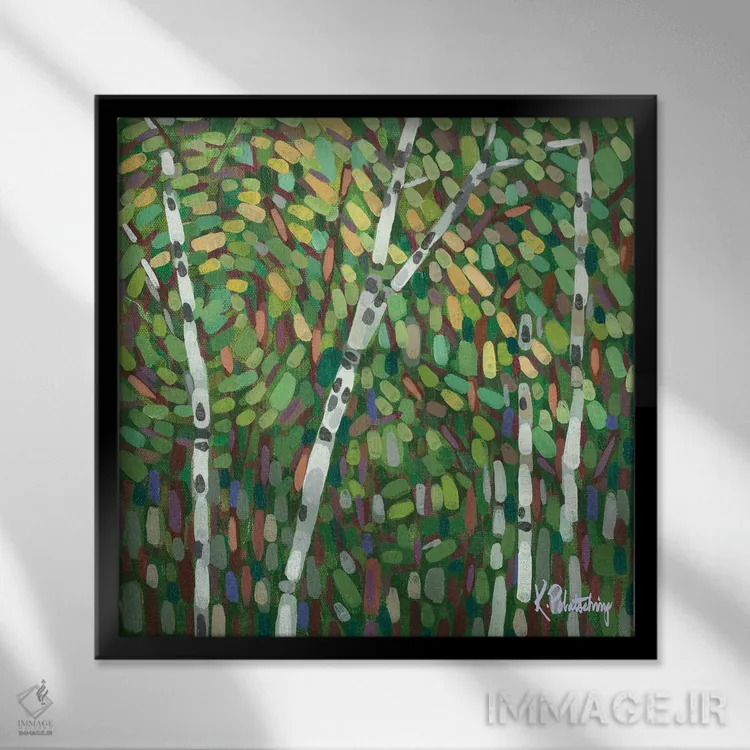 تابلو انتزاعی تنه های توس تابستانی در باد اثر کریستن لی - نمای قابدار مشکی