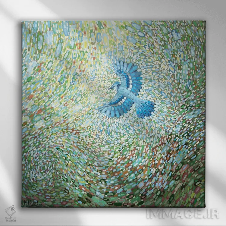 تابلو انتزاعی جیجاق آبی اثر کریستن لی - نمای روبهرو روی دیوار