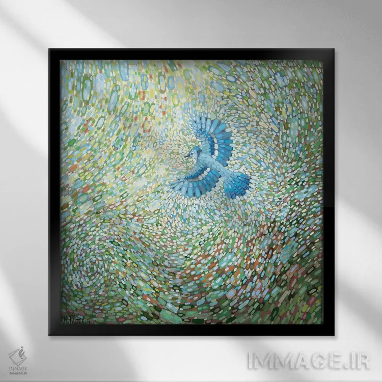 تابلو انتزاعی جیجاق آبی اثر کریستن لی - نمای قابدار مشکی
