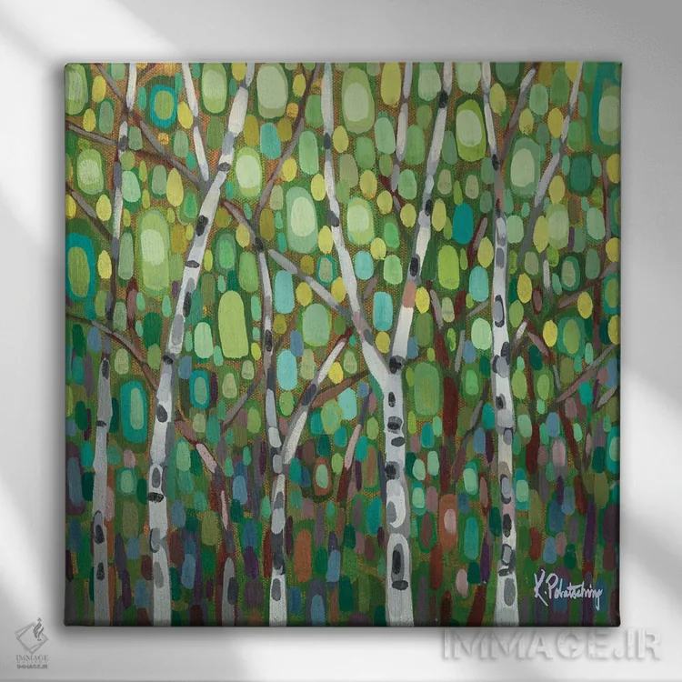 تابلو انتزاعی درختان تابستانی در باد ملایم اثر کریستن لی - نمای روبهرو روی دیوار