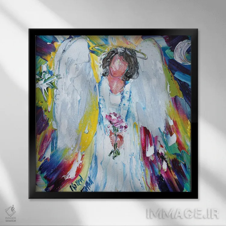 تابلو دکوراتیو فرشته، ماه و ستاره اثر کارن تارلتون - نمای قابدار مشکی