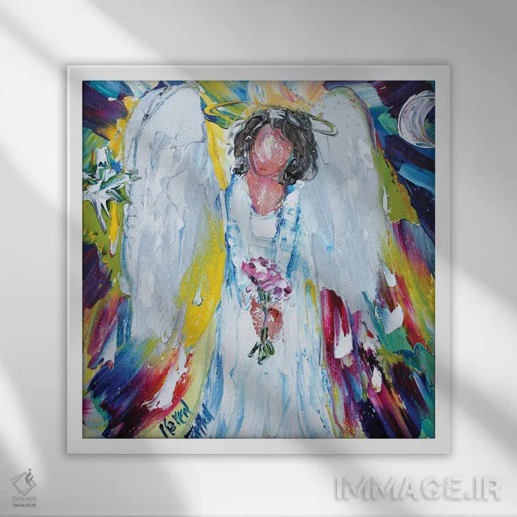 تابلو دکوراتیو فرشته، ماه و ستاره اثر کارن تارلتون - نمای قابدار سفید