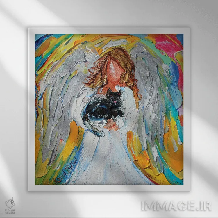 تابلو دکوراتیو فرشته با گربه اثر کارن تارلتون - نمای قابدار سفید