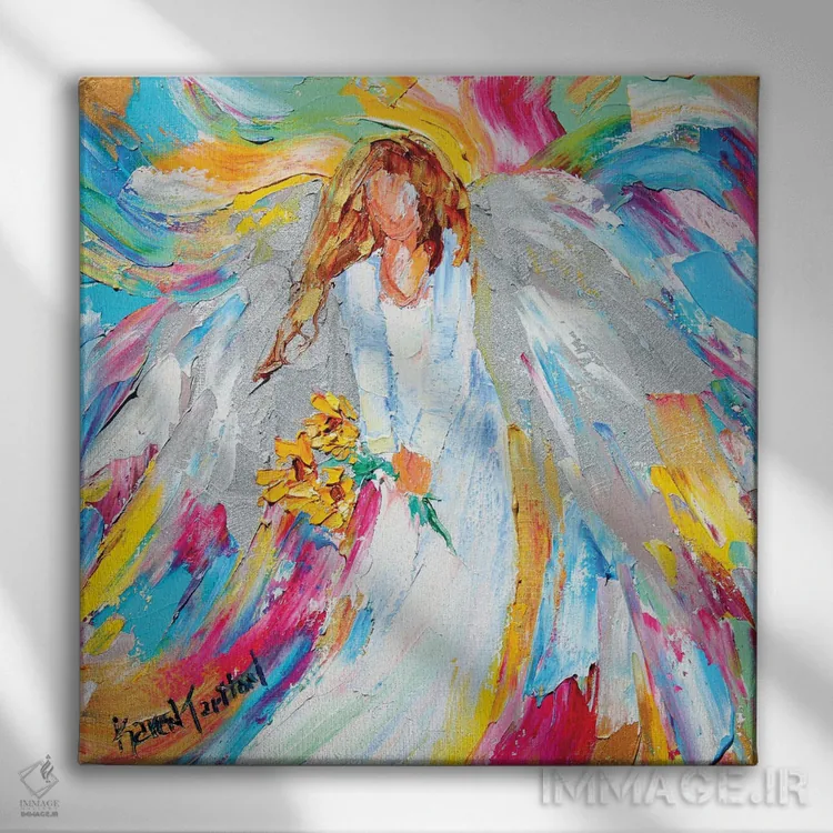 تابلو دکوراتیو فرشته و آفتابگردان ها اثر کارن تارلتون - نمای روبهرو روی دیوار