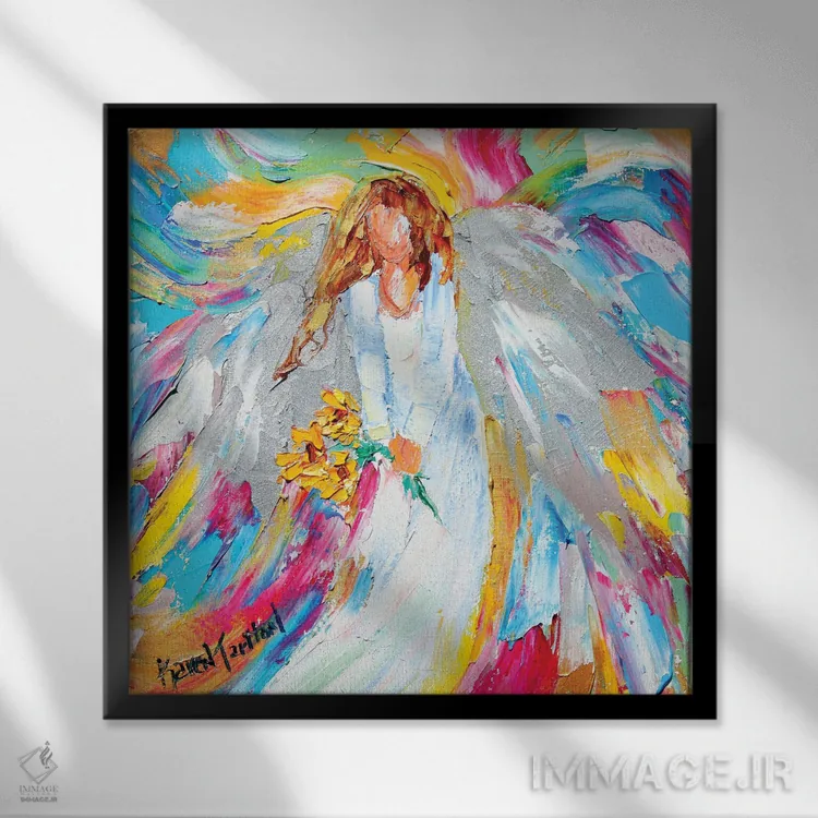 تابلو دکوراتیو فرشته و آفتابگردان ها اثر کارن تارلتون - نمای قابدار مشکی