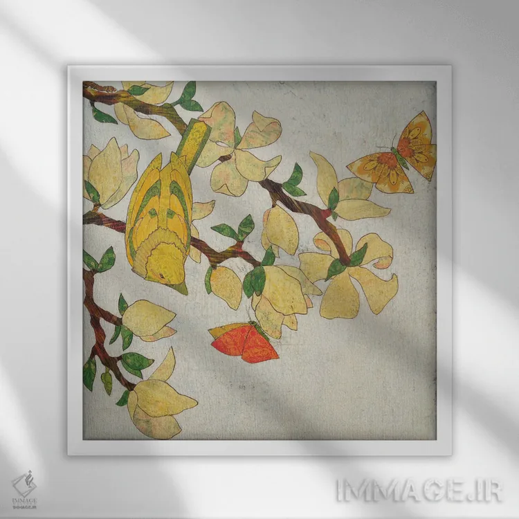 تابلو دکوراتیو داستان پرنده زرد اثر کارن سیکیه - نمای قابدار سفید