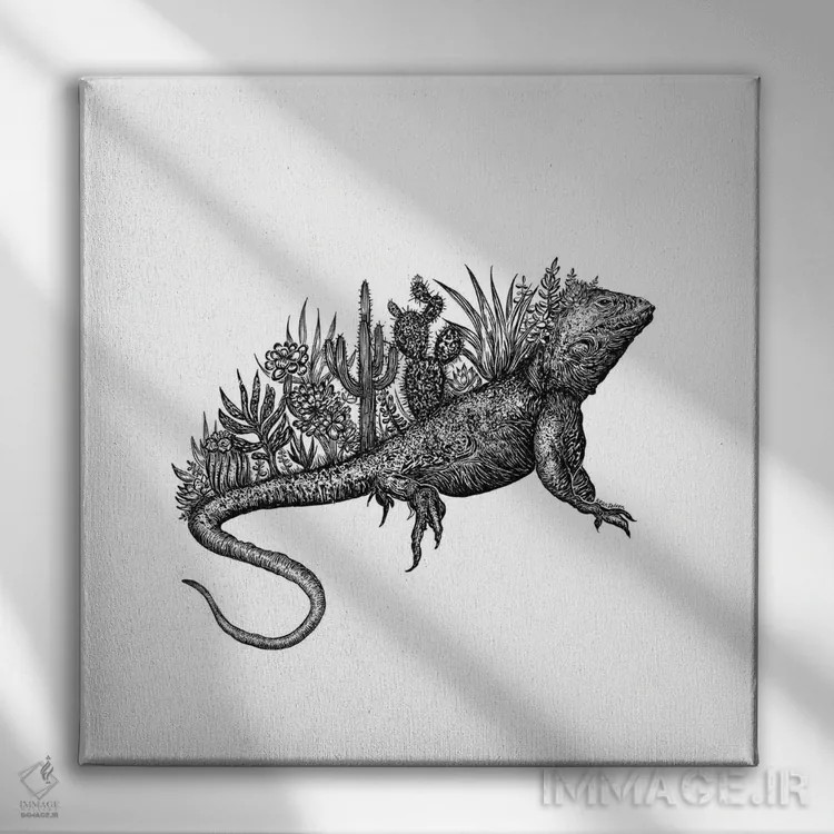 تابلو دکوراتیو مارمولک کاکتوسی اثر کاری سلون - نمای روبهرو روی دیوار