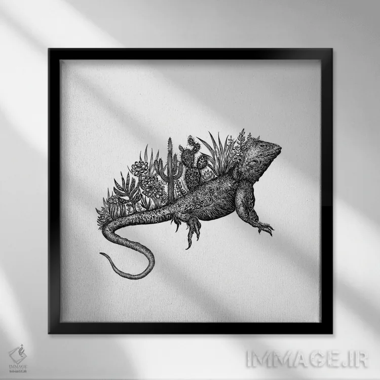 تابلو دکوراتیو مارمولک کاکتوسی اثر کاری سلون - نمای قابدار مشکی