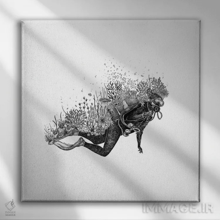 تابلو دکوراتیو غواص مرجانی اثر کاری سلون - نمای روبهرو روی دیوار