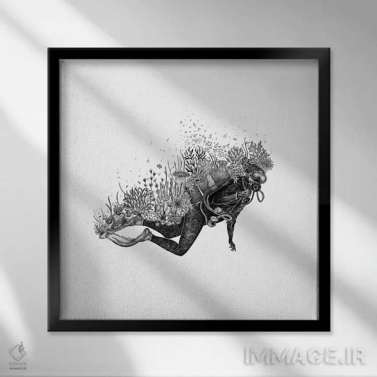 تابلو دکوراتیو غواص مرجانی اثر کاری سلون - نمای قابدار مشکی