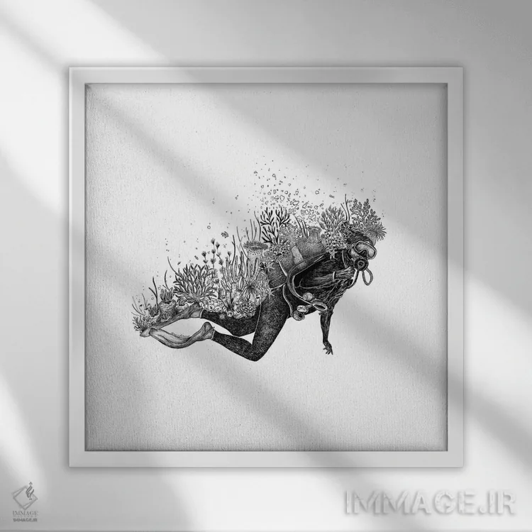 تابلو دکوراتیو غواص مرجانی اثر کاری سلون - نمای قابدار سفید