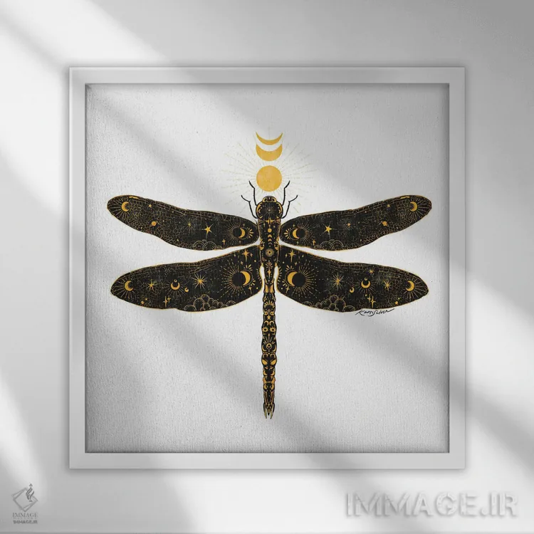 تابلو دکوراتیو سنجاقک آسمانی اثر کاری سلون - نمای قابدار سفید