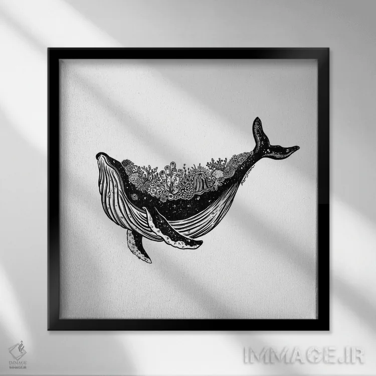 تابلو دکوراتیو نهنگ مرجانی اثر کاری سلون - نمای قابدار مشکی