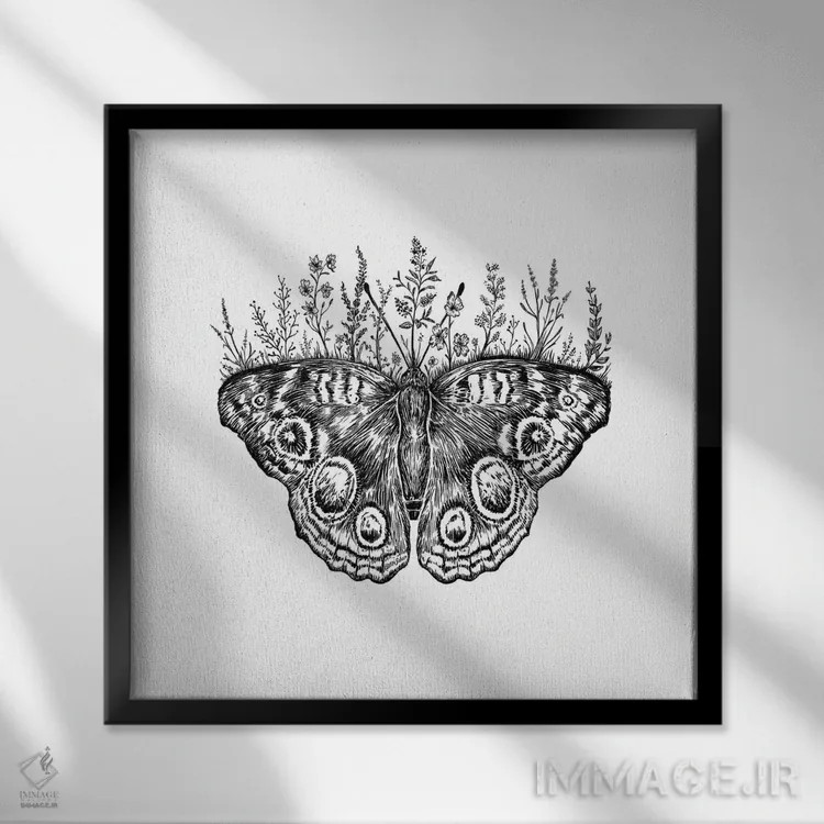 تابلو دکوراتیو پروانه گلدار اثر کاری سلون - نمای قابدار مشکی