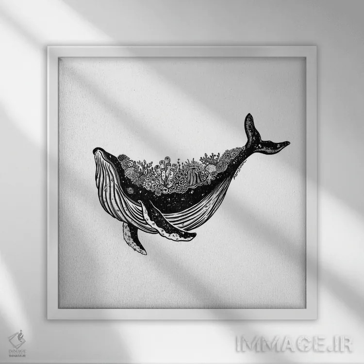 تابلو دکوراتیو نهنگ مرجانی اثر کاری سلون - نمای قابدار سفید
