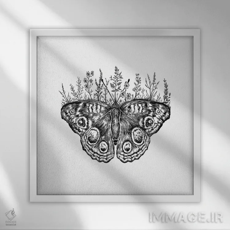 تابلو دکوراتیو پروانه گلدار اثر کاری سلون - نمای قابدار سفید