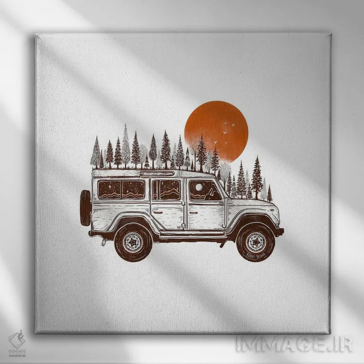 تابلو دکوراتیو جیپ جنگلی آفتاب پاییزی اثر کاری سلون - نمای روبهرو روی دیوار