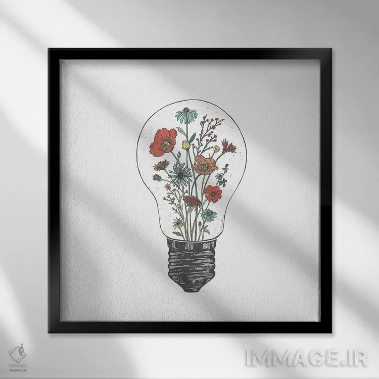 تابلو دکوراتیو لامپ گلدار اثر کاری سلون - نمای قابدار مشکی