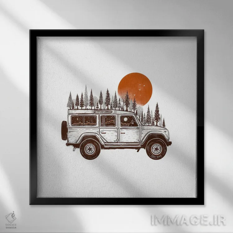 تابلو دکوراتیو جیپ جنگلی آفتاب پاییزی اثر کاری سلون - نمای قابدار مشکی