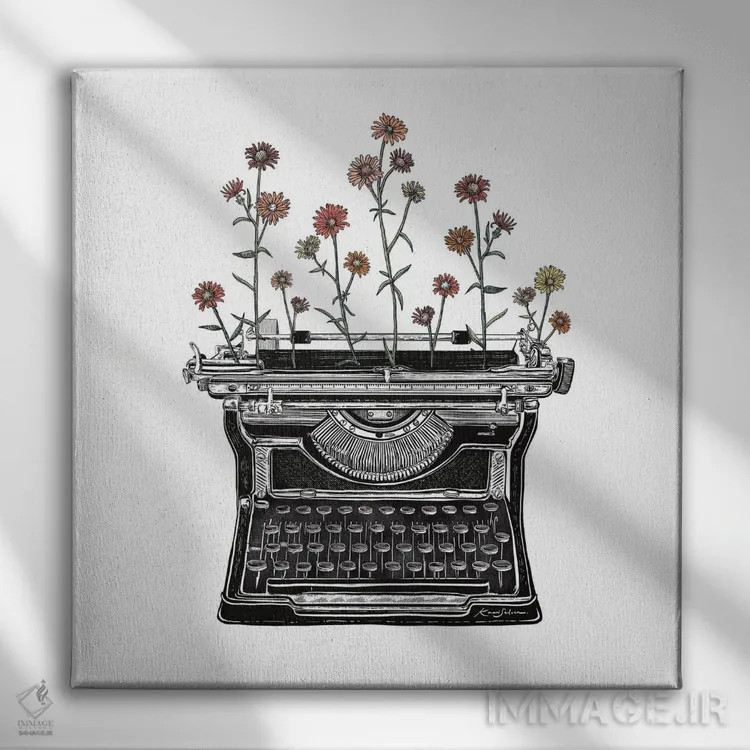 تابلو دکوراتیو ماشین تحریر گلدار ۲ اثر کاری سلون - نمای روبهرو روی دیوار