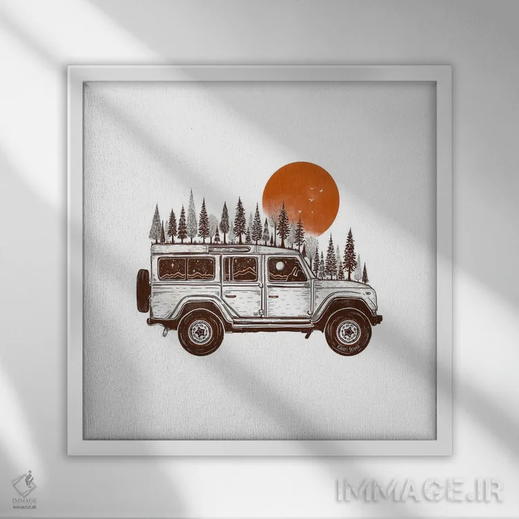 تابلو دکوراتیو جیپ جنگلی آفتاب پاییزی اثر کاری سلون - نمای قابدار سفید