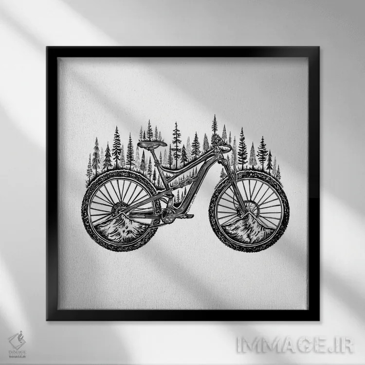 تابلو دکوراتیو دوچرخه جنگلی اثر کاری سلون - نمای قابدار مشکی