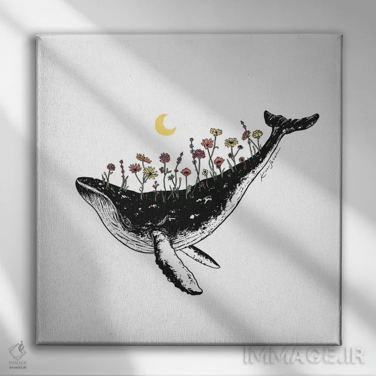 تابلو دکوراتیو نهنگ گلدار اثر کاری سلون - نمای روبهرو روی دیوار