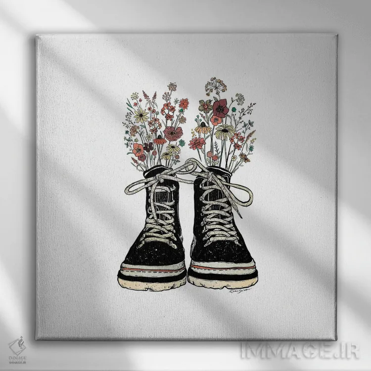 تابلو دکوراتیو چکمه کوهنوردی گلدار اثر کاری سلون - نمای روبهرو روی دیوار