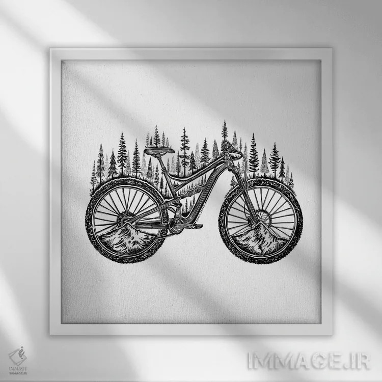 تابلو دکوراتیو دوچرخه جنگلی اثر کاری سلون - نمای قابدار سفید