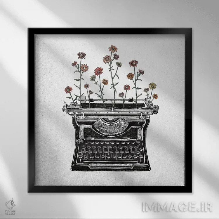 تابلو دکوراتیو ماشین تحریر گلدار ۲ اثر کاری سلون - نمای قابدار مشکی