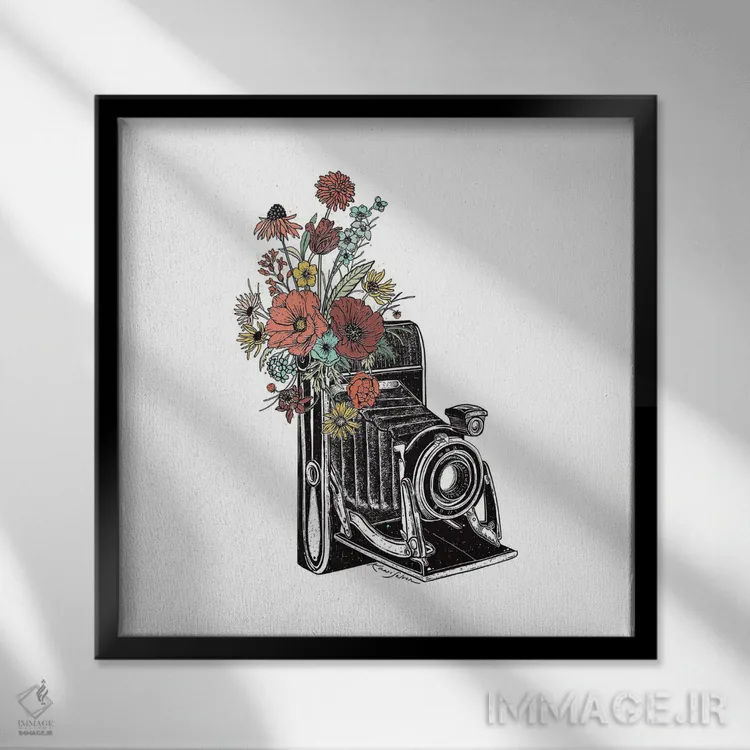 تابلو دکوراتیو دوربین قدیمی گلدار ۲ اثر کاری سلون - نمای قابدار مشکی