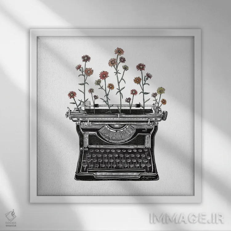 تابلو دکوراتیو ماشین تحریر گلدار ۲ اثر کاری سلون - نمای قابدار سفید
