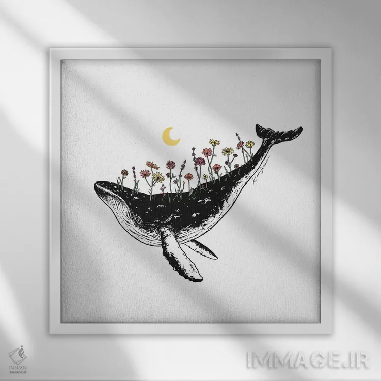 تابلو دکوراتیو نهنگ گلدار اثر کاری سلون - نمای قابدار سفید