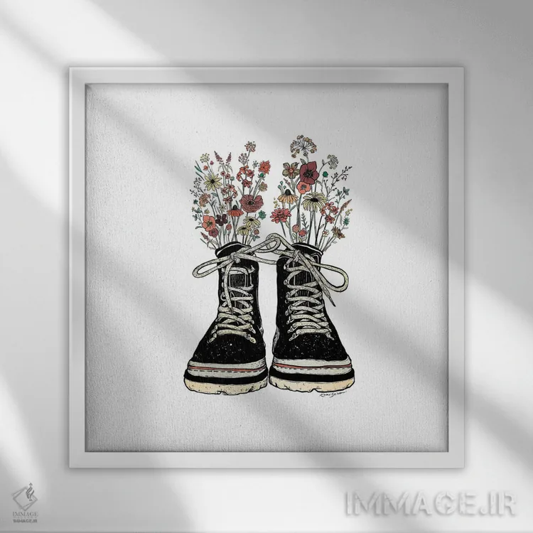 تابلو دکوراتیو چکمه کوهنوردی گلدار اثر کاری سلون - نمای قابدار سفید