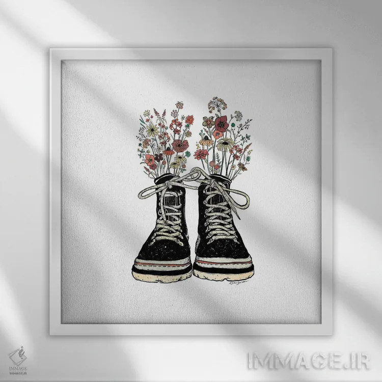 تابلو دکوراتیو چکمه کوهنوردی گلدار اثر کاری سلون - نمای قابدار سفید