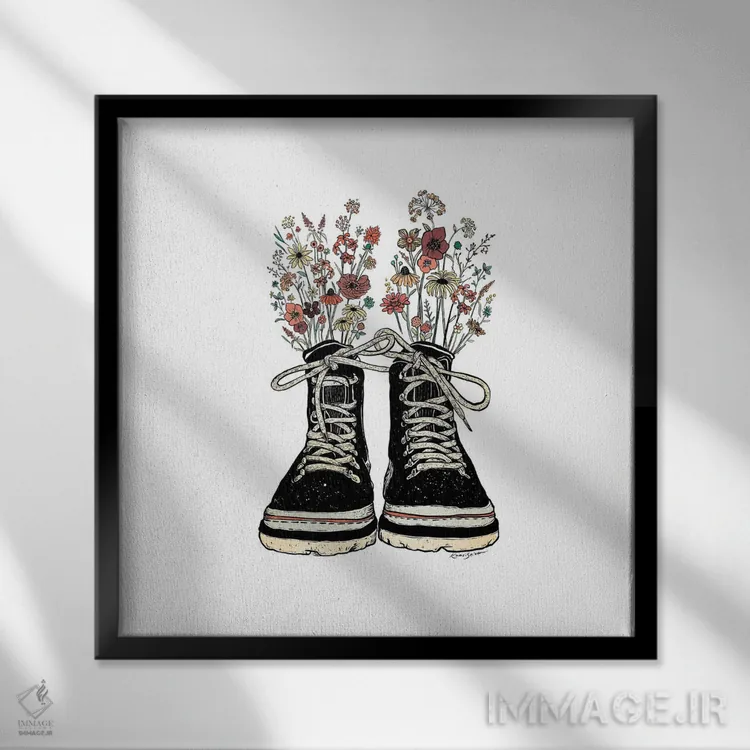 تابلو دکوراتیو چکمه کوهنوردی گلدار اثر کاری سلون - نمای قابدار مشکی