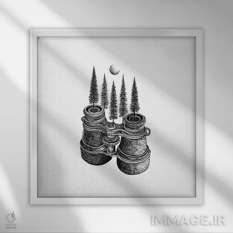 تابلو دکوراتیو دوربین دوچشمی جنگلی اثر کاری سلون - نمای قابدار سفید