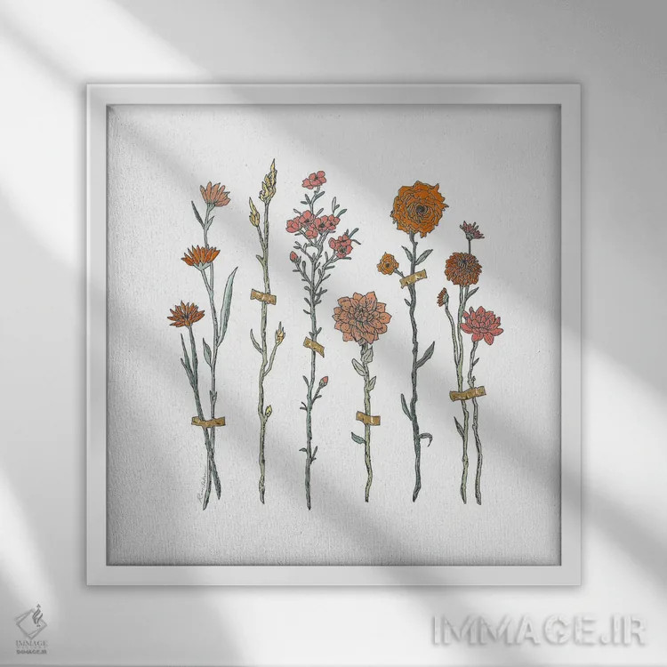 تابلو دکوراتیو قلمه های گل اثر کاری سلون - نمای قابدار سفید
