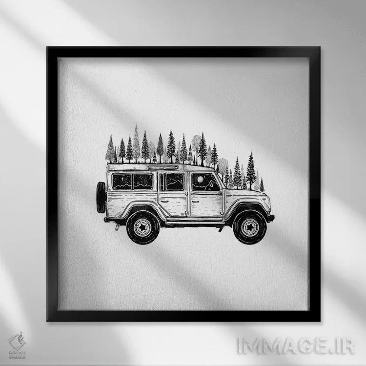 تابلو دکوراتیو جیپ جنگلی اثر کاری سلون - نمای قابدار مشکی