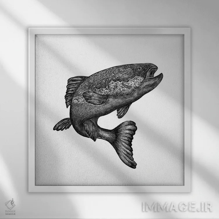تابلو دکوراتیو ماهی سالمون جهنده اثر کاری سلون - نمای قابدار سفید