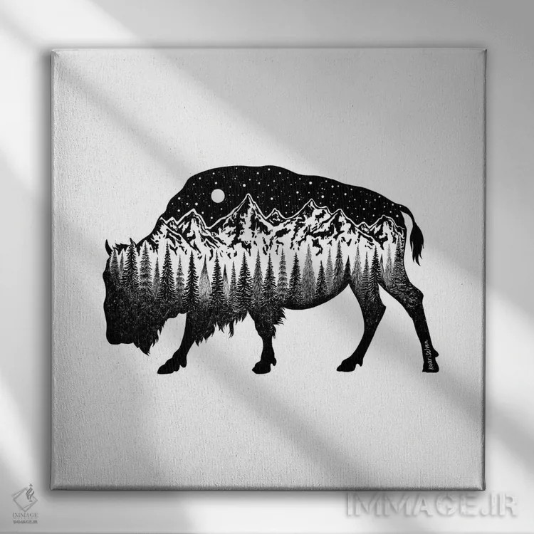 تابلو دکوراتیو گاو کوهان دار کوهستانی اثر کاری سلون - نمای روبهرو روی دیوار
