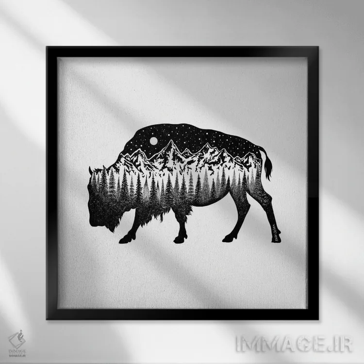 تابلو دکوراتیو گاو کوهان دار کوهستانی اثر کاری سلون - نمای قابدار مشکی