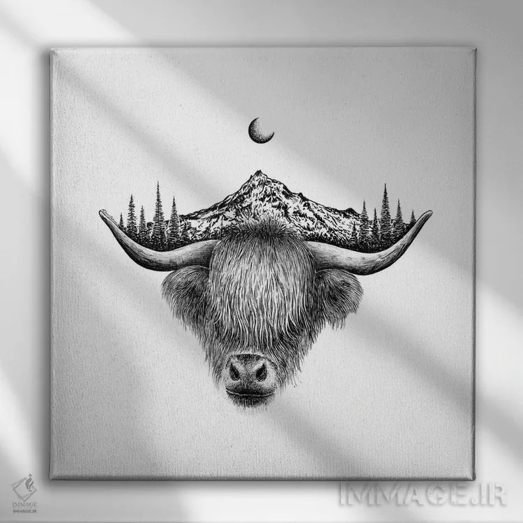 تابلو دکوراتیو گاو کوهستانی هایلند اثر کاری سلون - نمای روبهرو روی دیوار