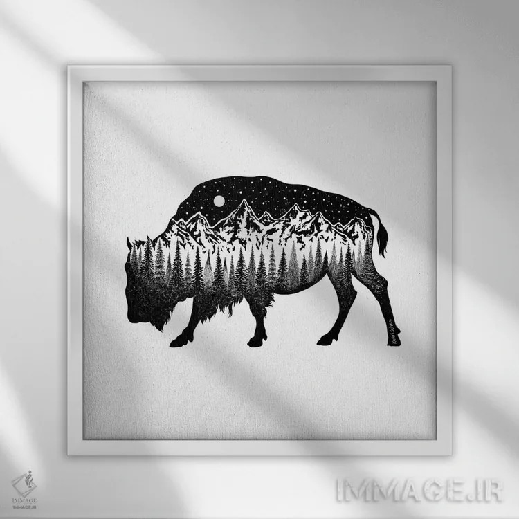 تابلو دکوراتیو گاو کوهان دار کوهستانی اثر کاری سلون - نمای قابدار سفید