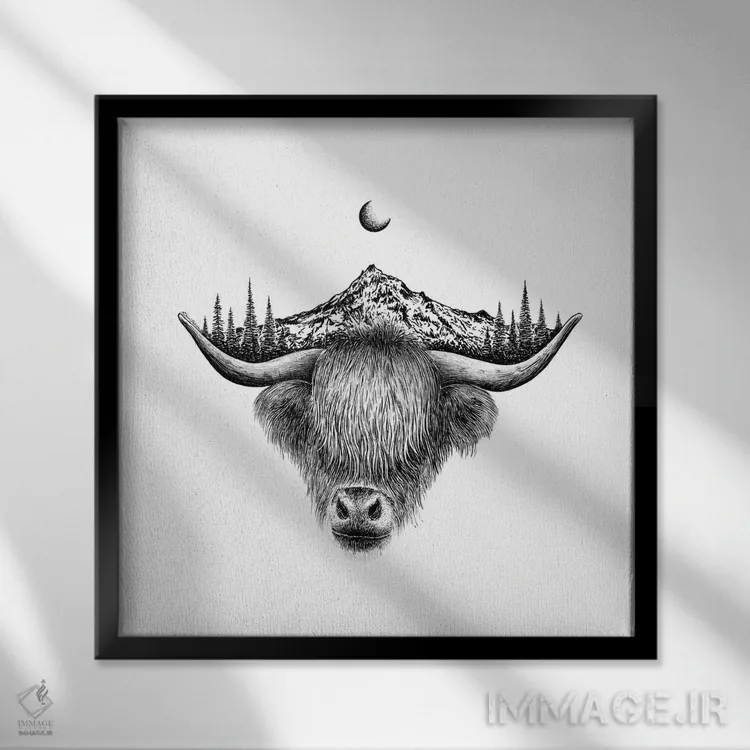 تابلو دکوراتیو گاو کوهستانی هایلند اثر کاری سلون - نمای قابدار مشکی