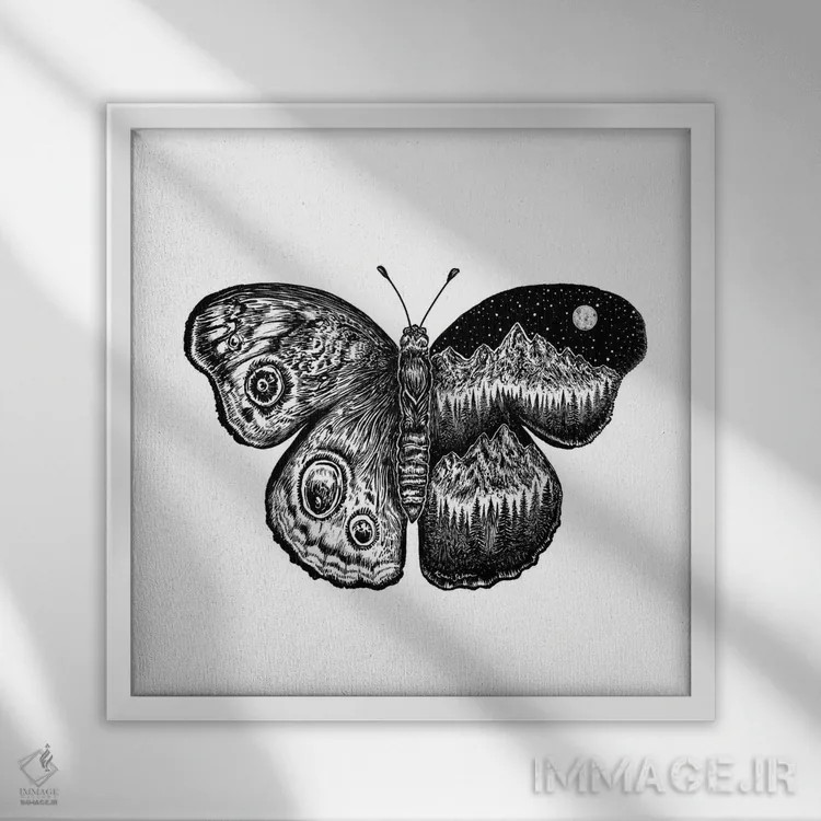 تابلو دکوراتیو پروانه کوهستانی اثر کاری سلون - نمای قابدار سفید