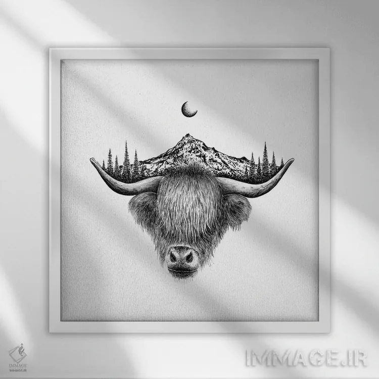 تابلو دکوراتیو گاو کوهستانی هایلند اثر کاری سلون - نمای قابدار سفید