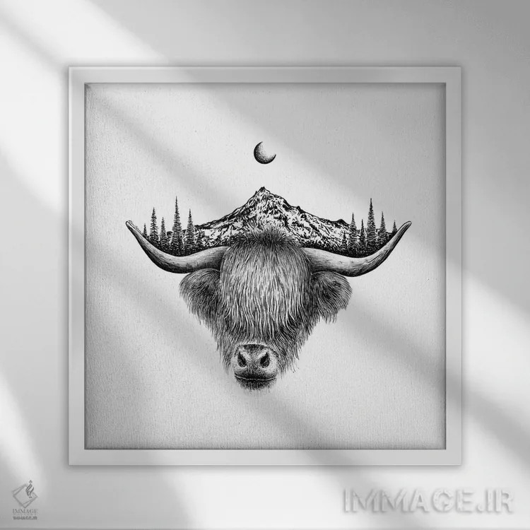 تابلو دکوراتیو گاو کوهستانی هایلند اثر کاری سلون - نمای قابدار سفید